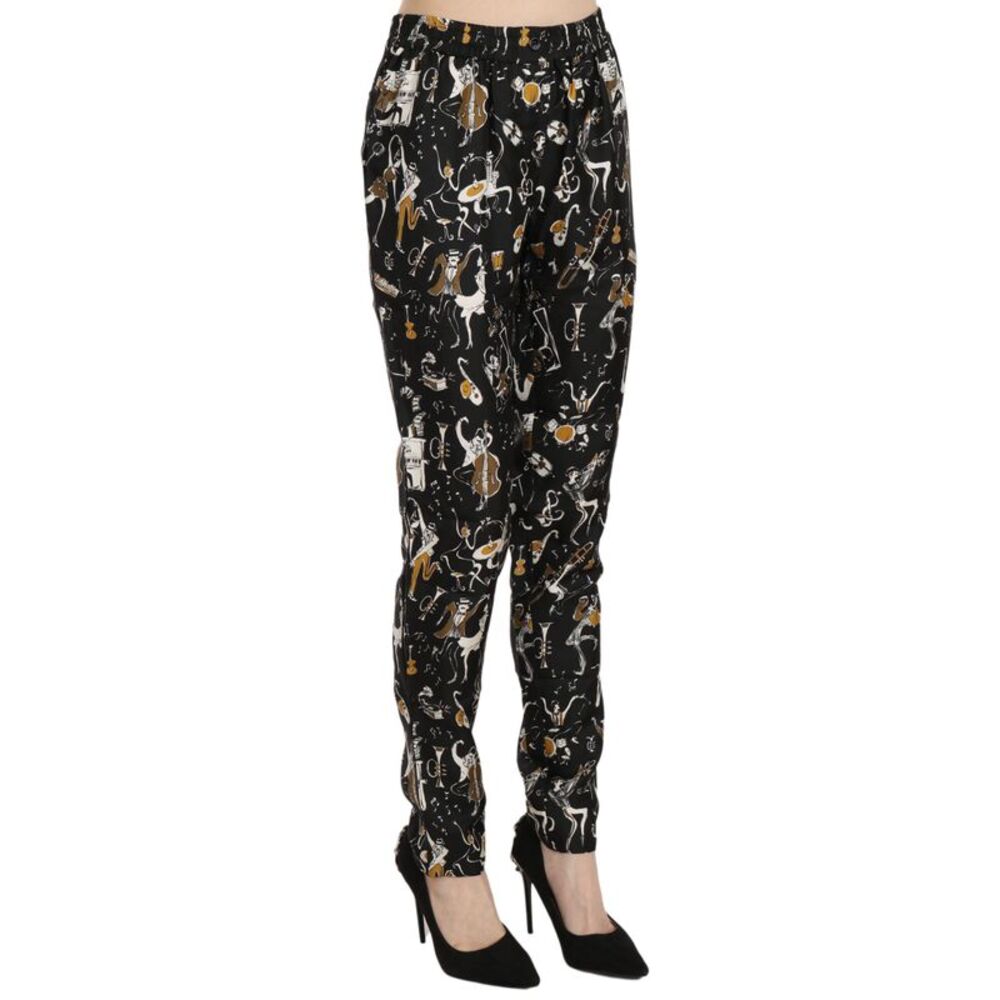 Dolce & Gabbana Black Jazz Club Print High Waist Tapered Women's Pants